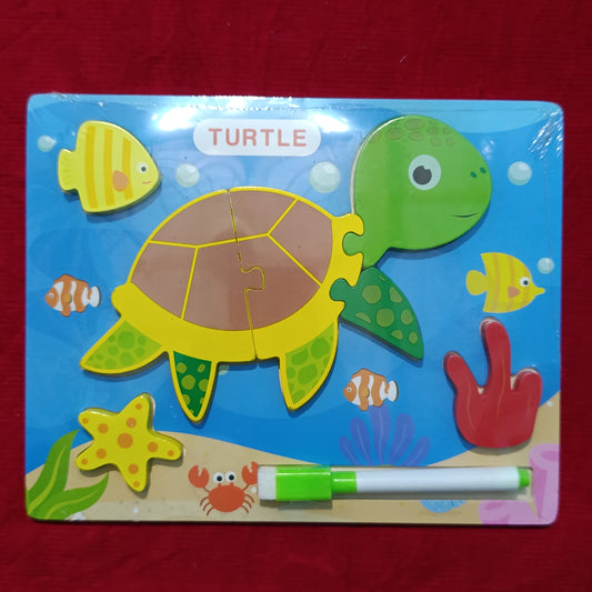 Turtle 3d puzzle with white board wooden plate