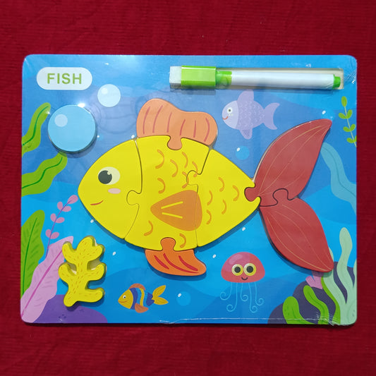 Fish 3d puzzle with white board wooden plate