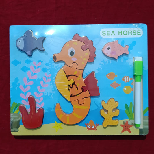Seahorse 3d puzzle with white board wooden plate